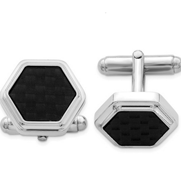 American Jewelry Sterling Silver Rhodium-Plated Hexagon Black Carbon Fiber Cufflinks