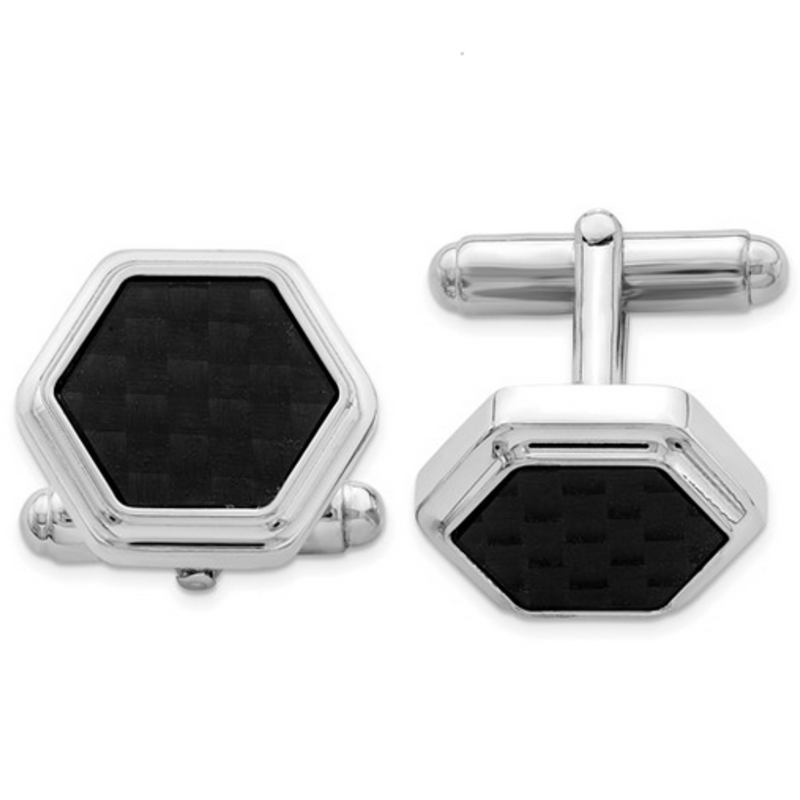 American Jewelry Sterling Silver Rhodium-Plated Hexagon Black Carbon Fiber Cufflinks