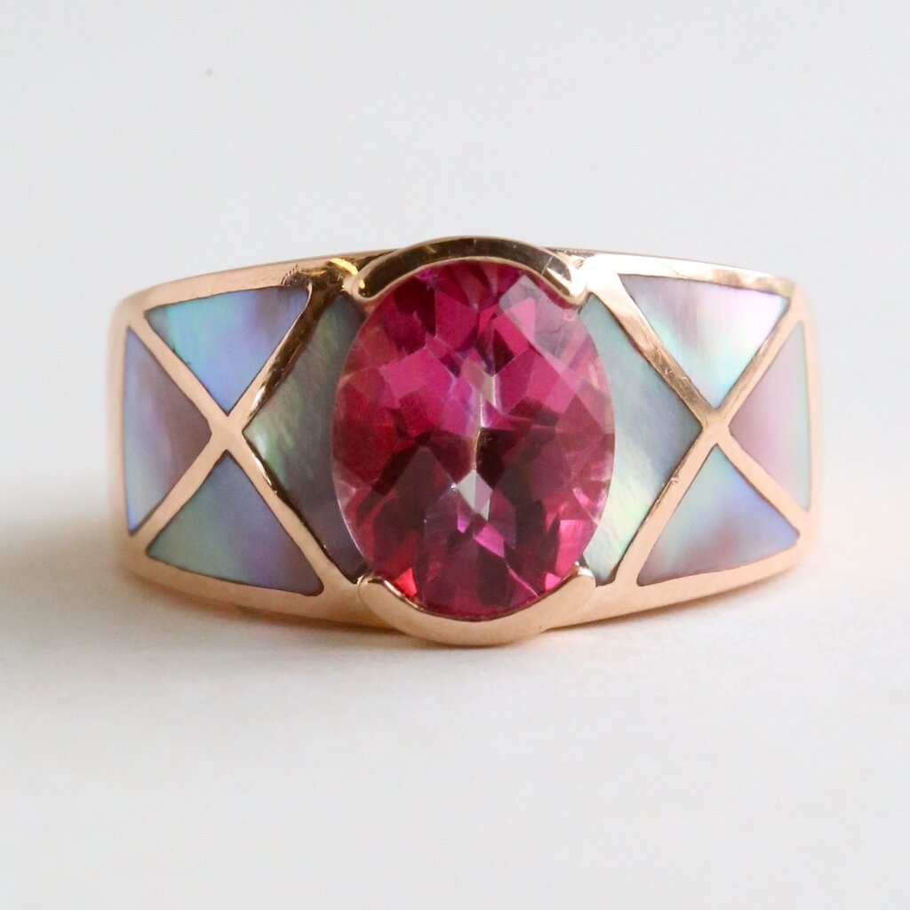 American Jewelry 14K Rose Gold 3ct Oval Pink Tourmaline with Mother of Pearl Inlay Size 6.75