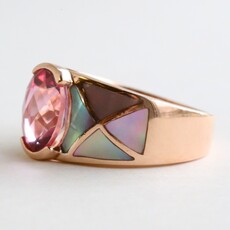 American Jewelry 14K Rose Gold 3ct Oval Pink Tourmaline with Mother of Pearl Inlay Size 6.75