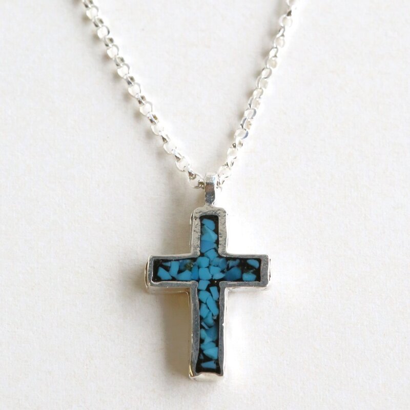 American Jewelry 20" Sterling Silver Reversible Turqouise Cross Necklace