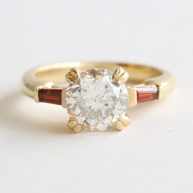 American Jewelry 14k Yellow Gold 1.89ct H/I1 GIA Diamond & Ruby Three Stone Engagement Ring