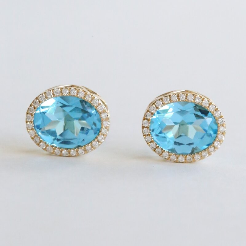 American Jewelry 14K Yellow Gold 5.15ct Blue Topaz & .25ctw Diamond Halo Oval Stud Earrings