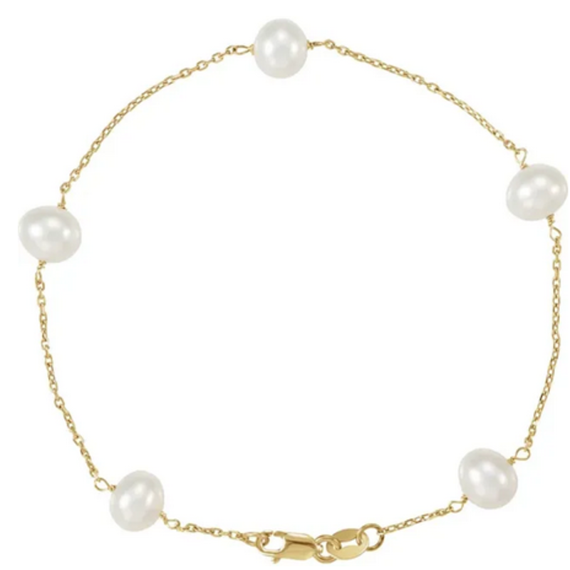 American Jewelry 14k Yellow Gold 5-Station White Freshwater Pearl Bracelet (7")