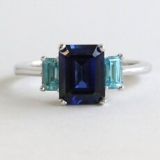 American Jewelry 14k White Gold 2.85ct Lab Sapphire & Blue Zircon Emerald Cut Three Stone Ring