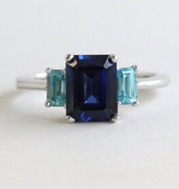 American Jewelry 14k White Gold 2.85ct Lab Sapphire & Blue Zircon Emerald Cut Three Stone Ring