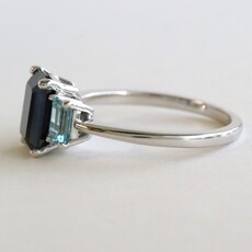 American Jewelry 14k White Gold 2.85ct Lab Sapphire & Blue Zircon Emerald Cut Three Stone Ring