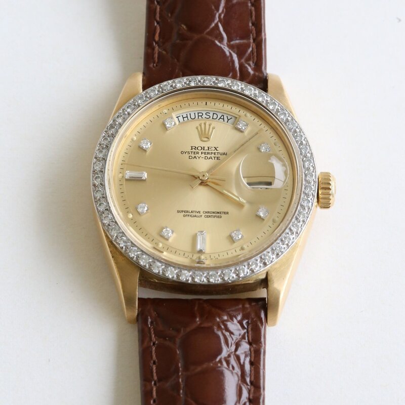 Rolex Pre-Owned 18k Gold Rolex Day-Date Oyster Perpetual w/ Diamond Dial & Bezel (New Leather Strap)