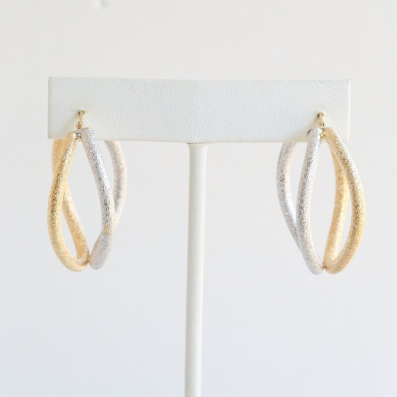 American Jewelry 14k White & Yellow Gold Wavy Stippled Texture Hoop Earrings