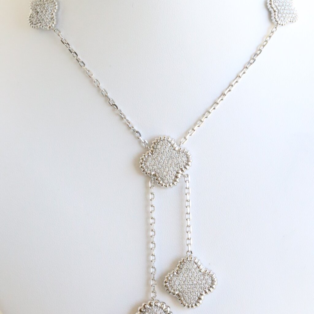 American Jewelry Sterling Silver & CZ Clover Station Lariat Style Necklace