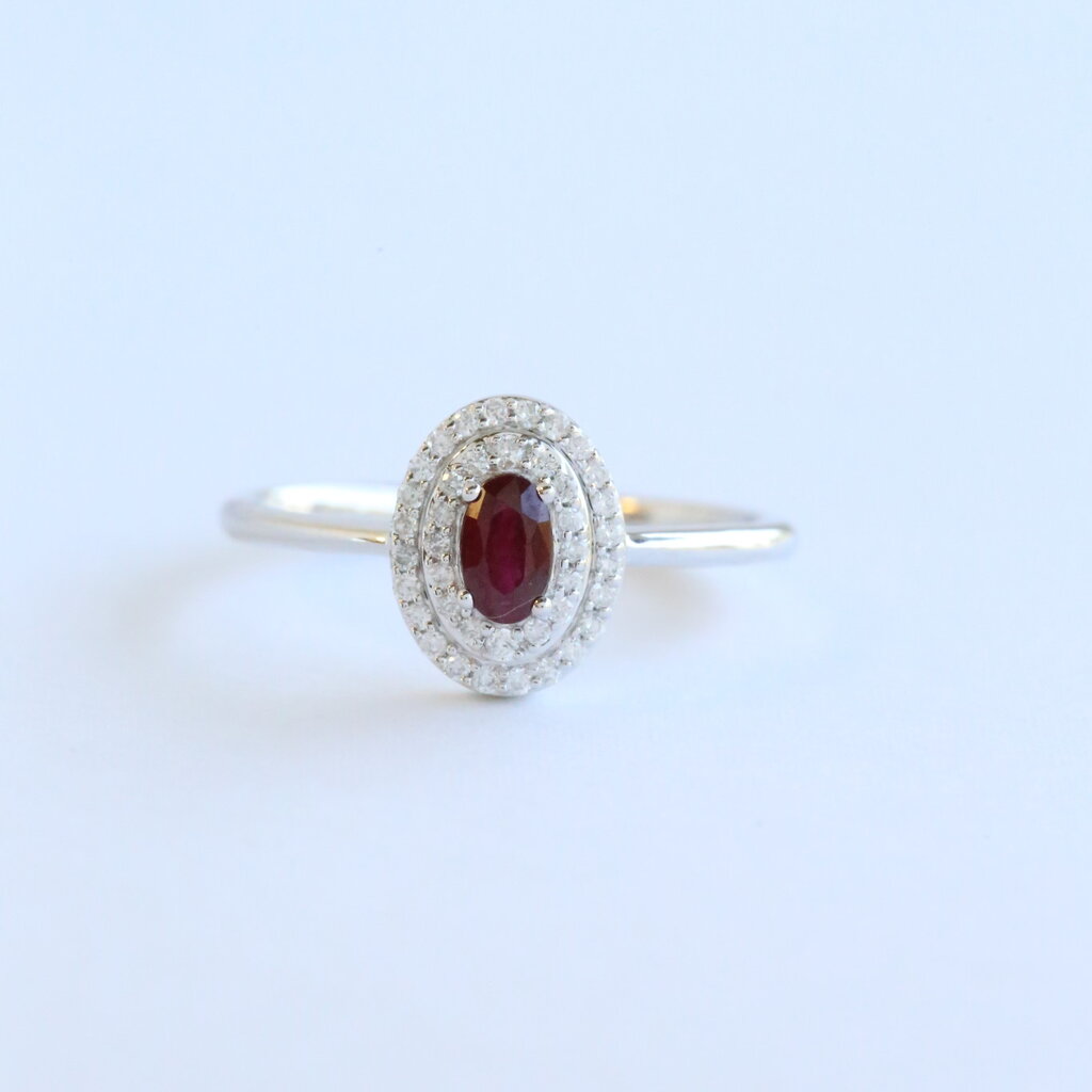 American Jewelry 14k White Gold .30ct Ruby .20ct Diamond Double Halo Ring (Size 7)