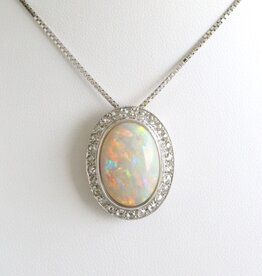 American Jewelry Platinum 7.84ct Opal .46ctw Diamond Oval Cabachon Necklace