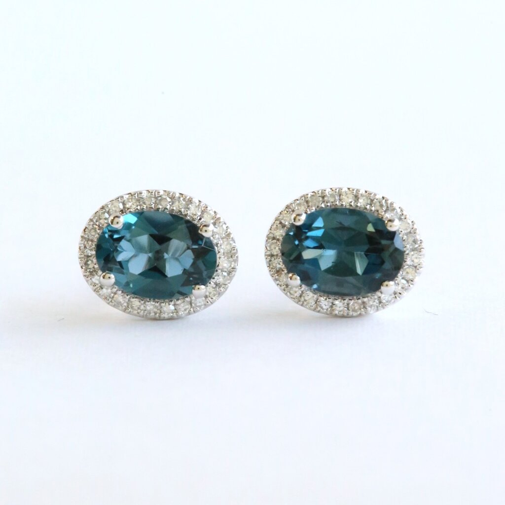 American Jewelry 14k White Gold .71ct London Blue Topaz .16ctw Diamond Oval Halo Stud Earrings