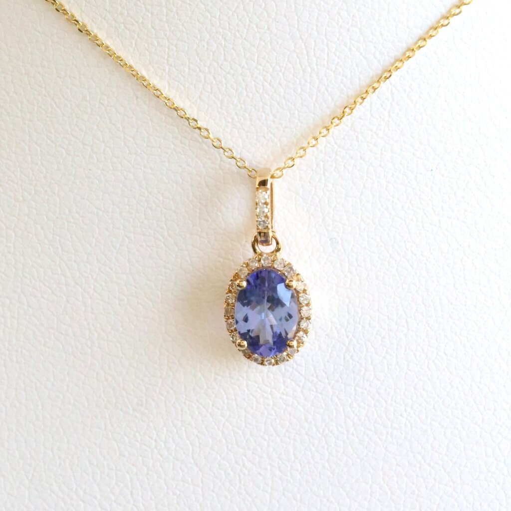 American Jewelry 14k Yellow Gold .75ct Tanzanite .10ctw Diamond Oval Halo Necklace