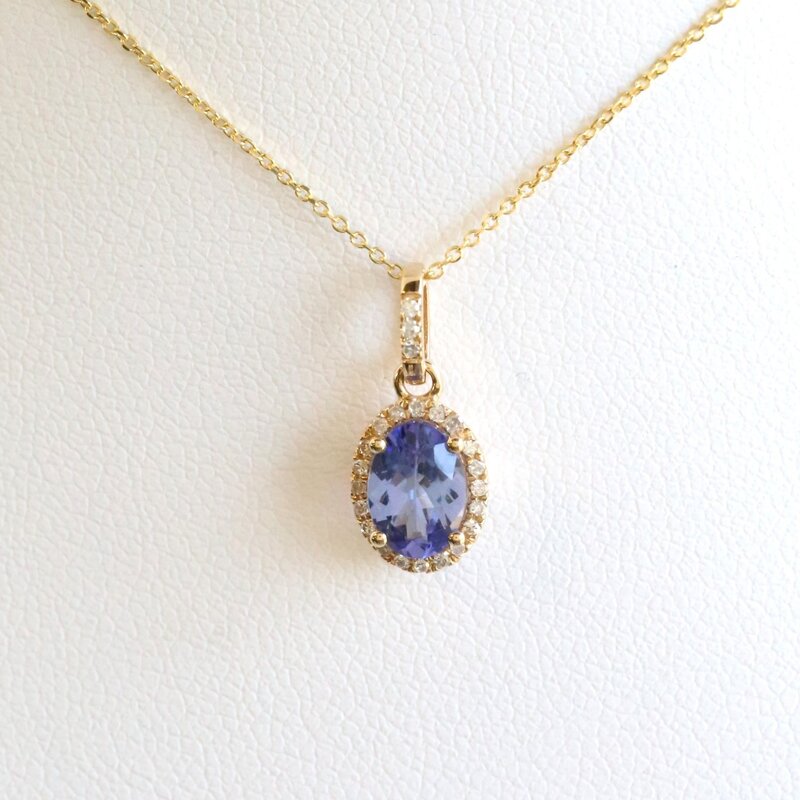 American Jewelry 14k Yellow Gold .75ct Tanzanite .10ctw Diamond Oval Halo Necklace