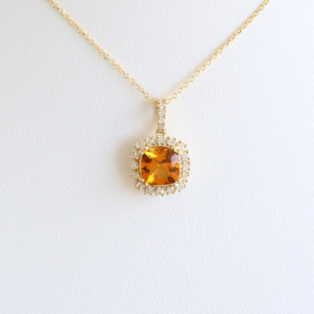 American Jewelry 14k Yellow Gold .82ct Citrine .30ctw Diamond Cushion Halo Necklace