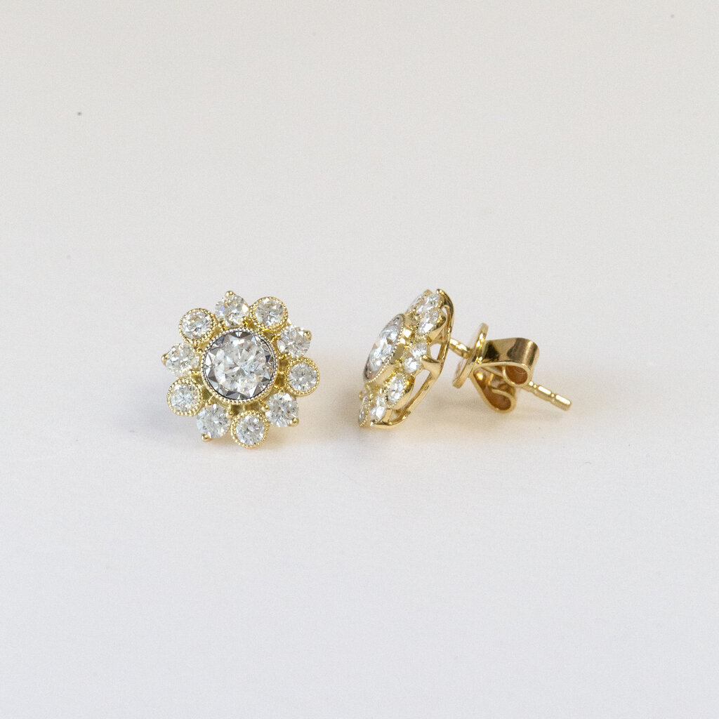 American Jewelry 14k Yellow Gold 1.02ctw Diamond Milgrain Bezel Flower Stud Earrings