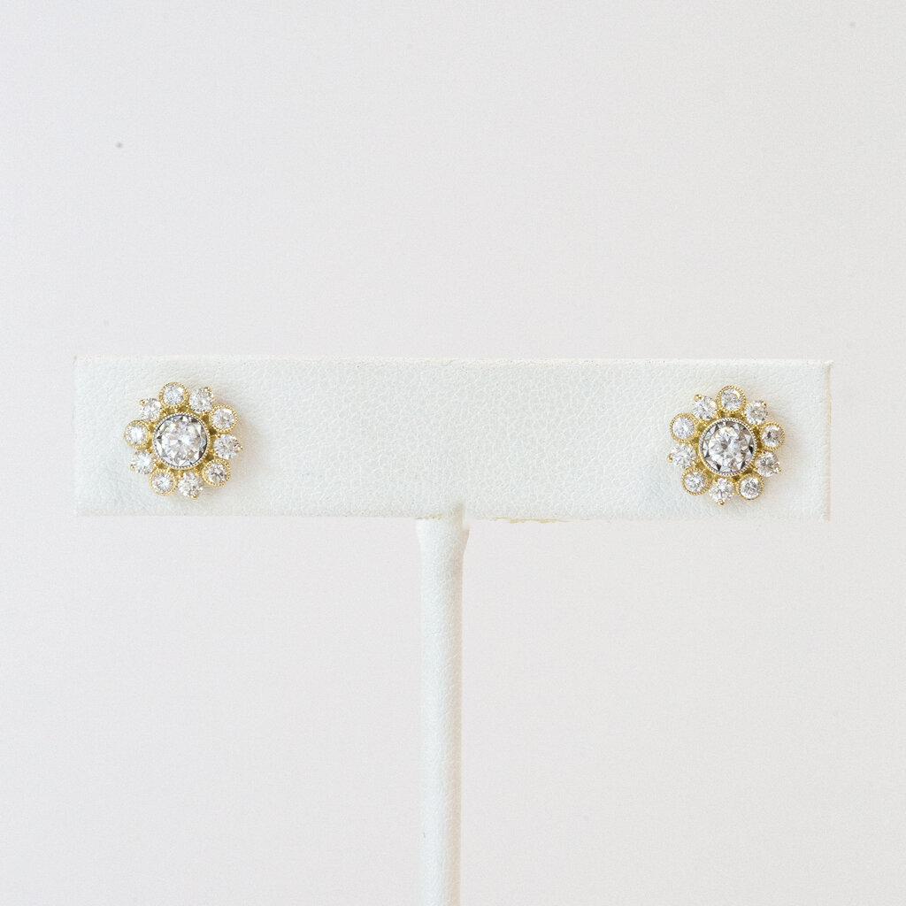 American Jewelry 14k Yellow Gold 1.02ctw Diamond Milgrain Bezel Flower Stud Earrings