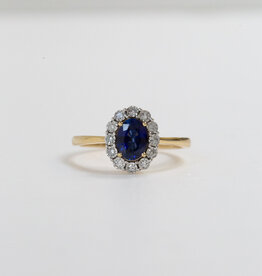 American Jewelry 14k Yellow Gold 0.14ctw Diamond Halo 0.90ct Oval Blue Sapphire Ring (Size 7)