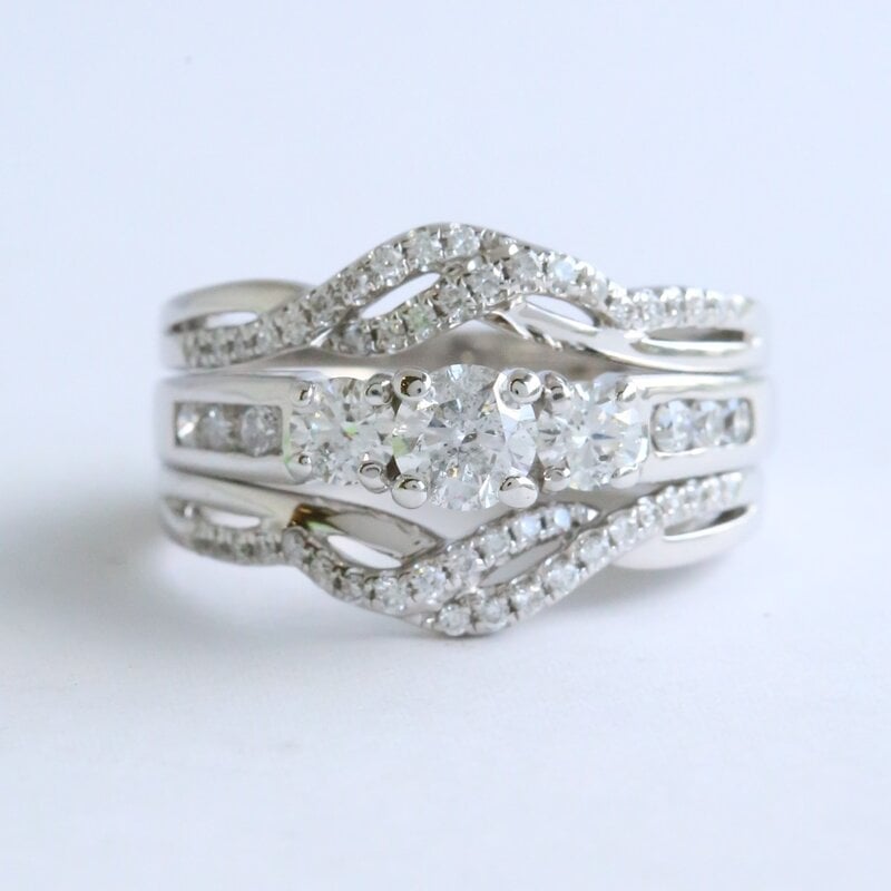 American Jewelry ESTATE 14k White Gold 1.20ct (.40ctr) Diamond Three Stone Channel & Prong Set Infinity Engagement Ring Set (2 Bands Soldered)