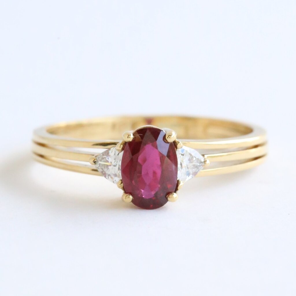 American Jewelry 18k Yellow Gold .75ct Ruby .24ctw Diamond Trillion/Oval Ring