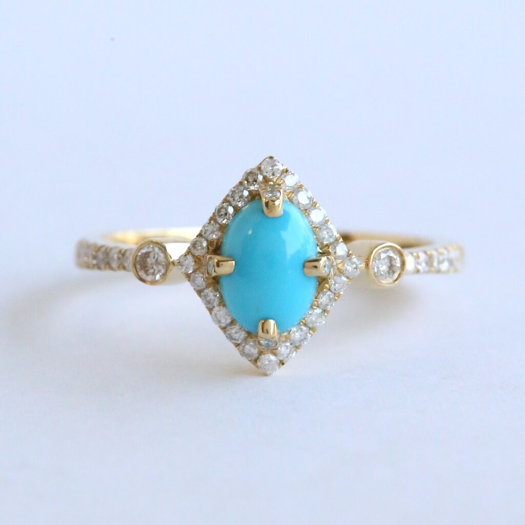 American Jewelry 14k Yellow Gold Turquoise & .33ctw Diamond Halo Geometric Ring