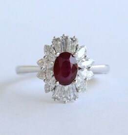 American Jewelry 14k White Gold .59ctw Diamond & Ruby Halo Baguette Ring
