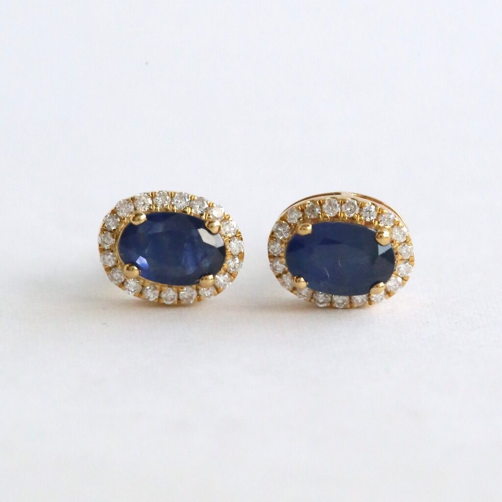 American Jewelry 14k Yellow Gold .16ctw Diamond & Sapphire Oval Halo Earrings