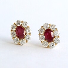 American Jewelry 18k Yellow Gold 1.68ctw Diamond & Ruby Halo Oval Stud Earrings