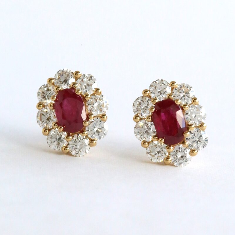 American Jewelry 18k Yellow Gold 1.68ctw Diamond & Ruby Halo Oval Stud Earrings