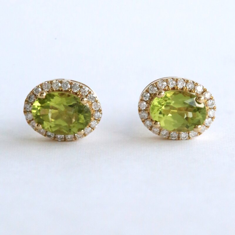 American Jewelry 14k Yellow Gold .22ctw Diamond Peridot Oval Halo Earrings