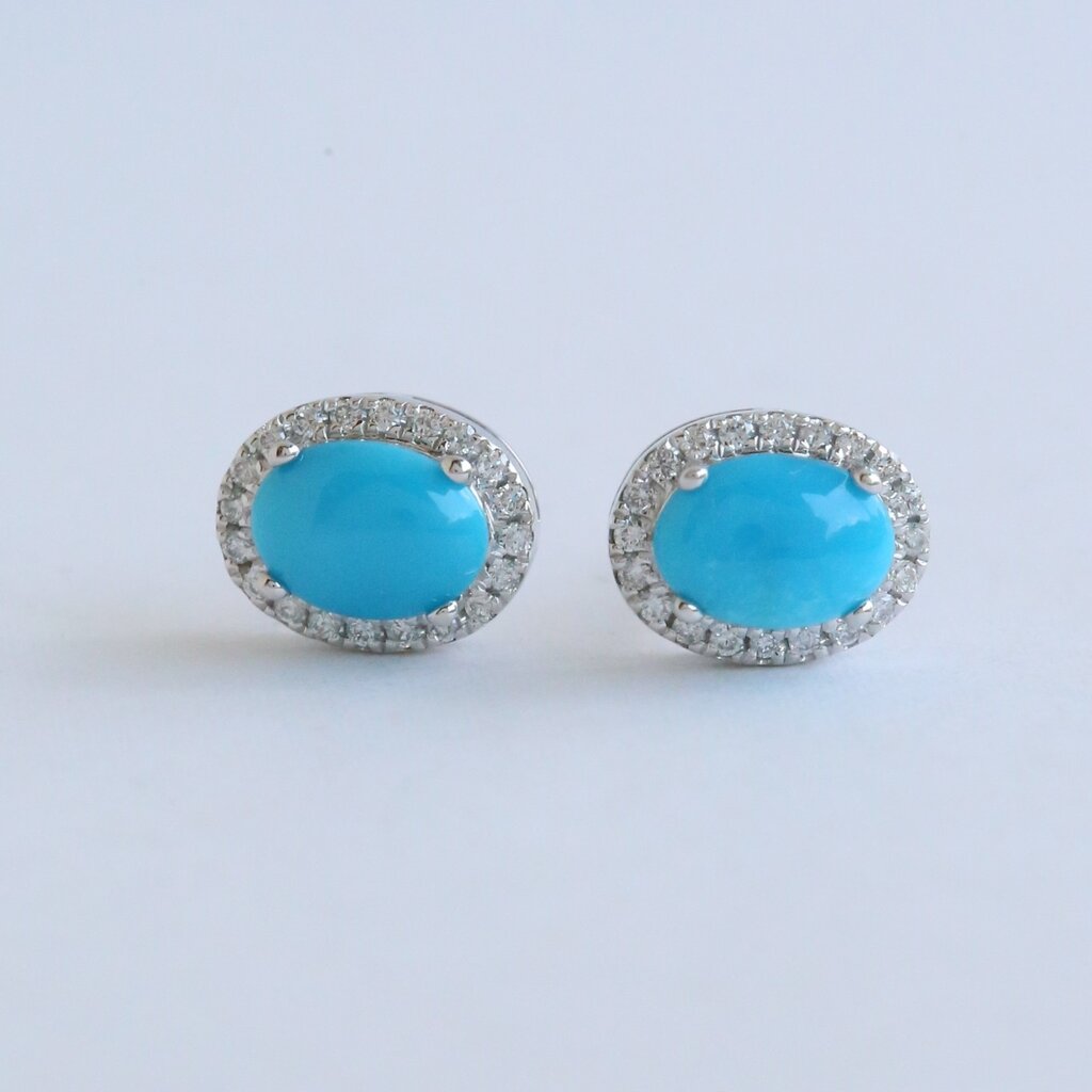 American Jewelry 14k White Gold .16ctw Diamond Turquoise Oval Halo Stud Earrings