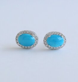 American Jewelry 14k White Gold .16ctw Diamond Turquoise Oval Halo Stud Earrings