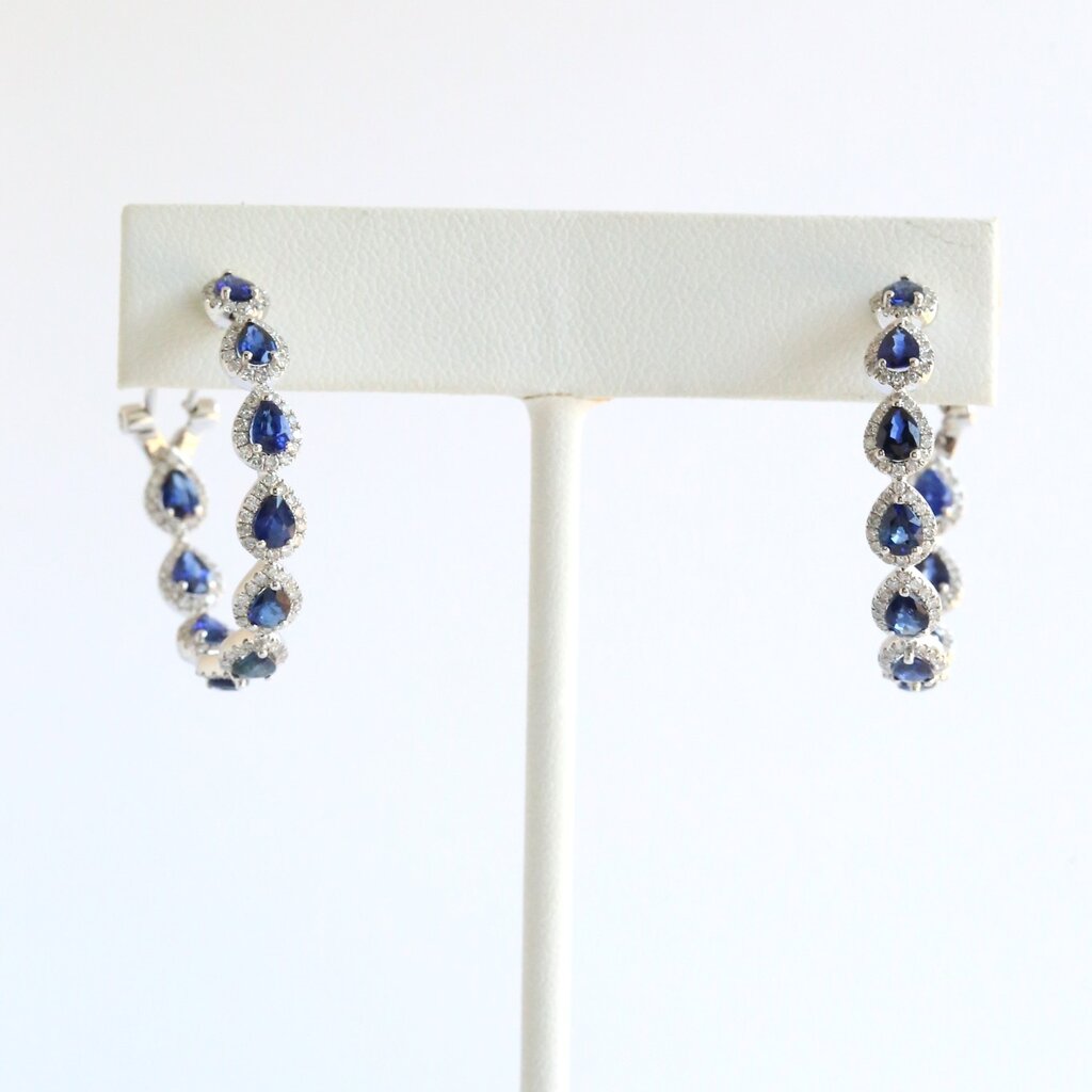 American Jewelry 14k White Gold 1.21ctw Diamond & Sapphire Pear Halo Hoop Earrings