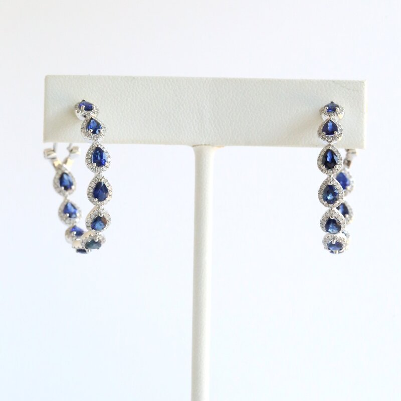 American Jewelry 14k White Gold 1.21ctw Diamond & Sapphire Pear Halo Hoop Earrings