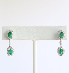 American Jewelry 18k White Gold Emerald .96ctw Diamond Oval Halo Dangle Earrings