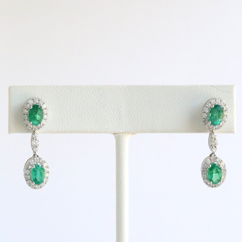 American Jewelry 18k White Gold Emerald .96ctw Diamond Oval Halo Dangle Earrings