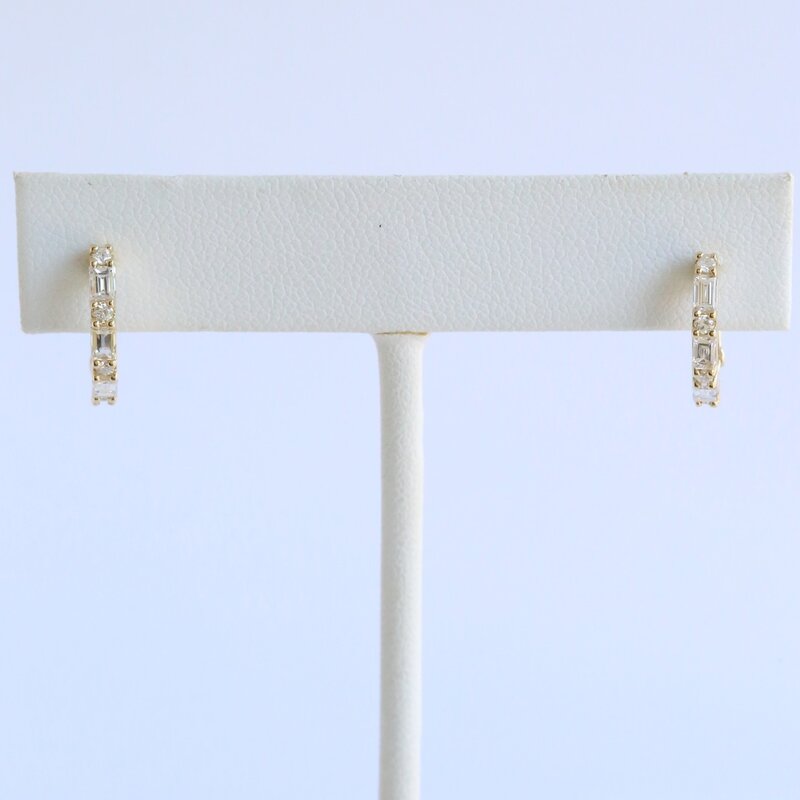 American Jewelry 14k Yellow Gold .72ctw Diamond Round & Baguette Hoop Earrings