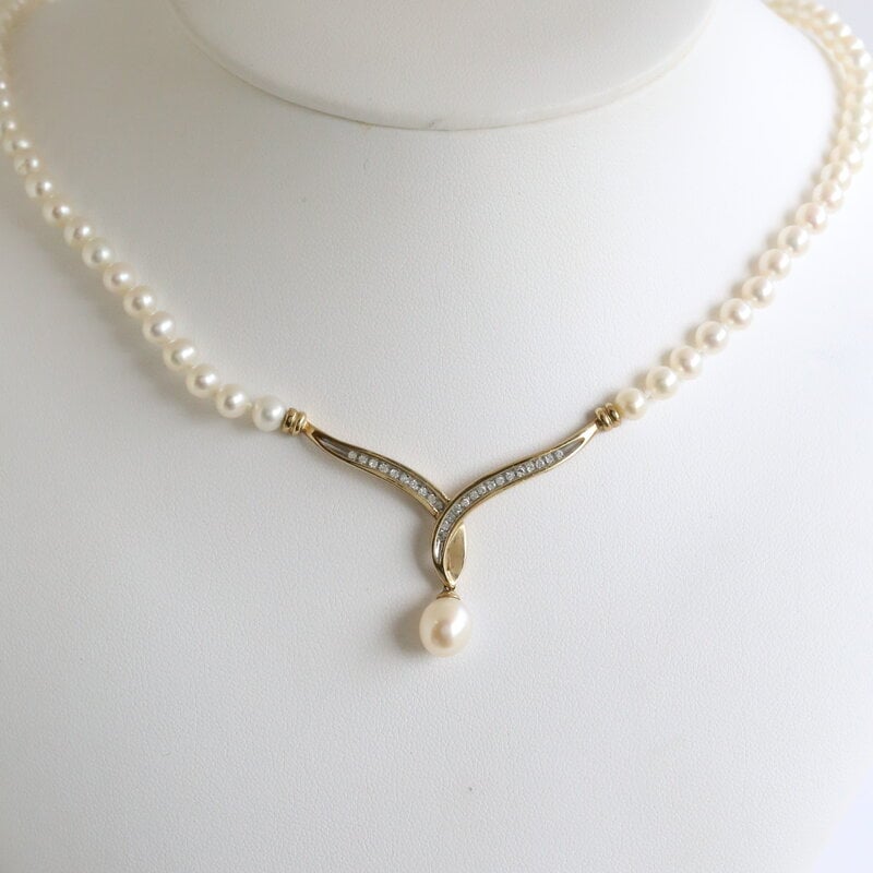 14k Yellow Gold Akoya Pearl Strand with Channel Set Diamond Fixed Pendant