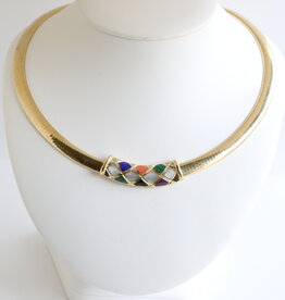 American Jewelry ESTATE 14k Yellow Gold Moonstone, Lapis Lazuli, Coral, Jade Omega Necklace (Removeable Slide)