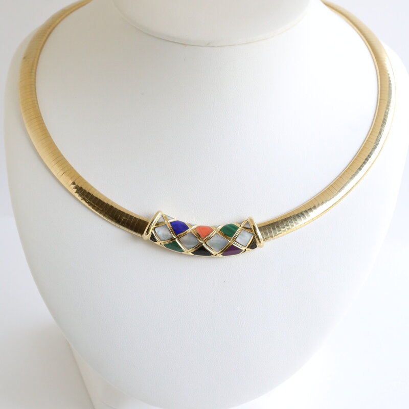 American Jewelry ESTATE 14k Yellow Gold Moonstone, Lapis Lazuli, Coral, Jade Omega Necklace (Removeable Slide)