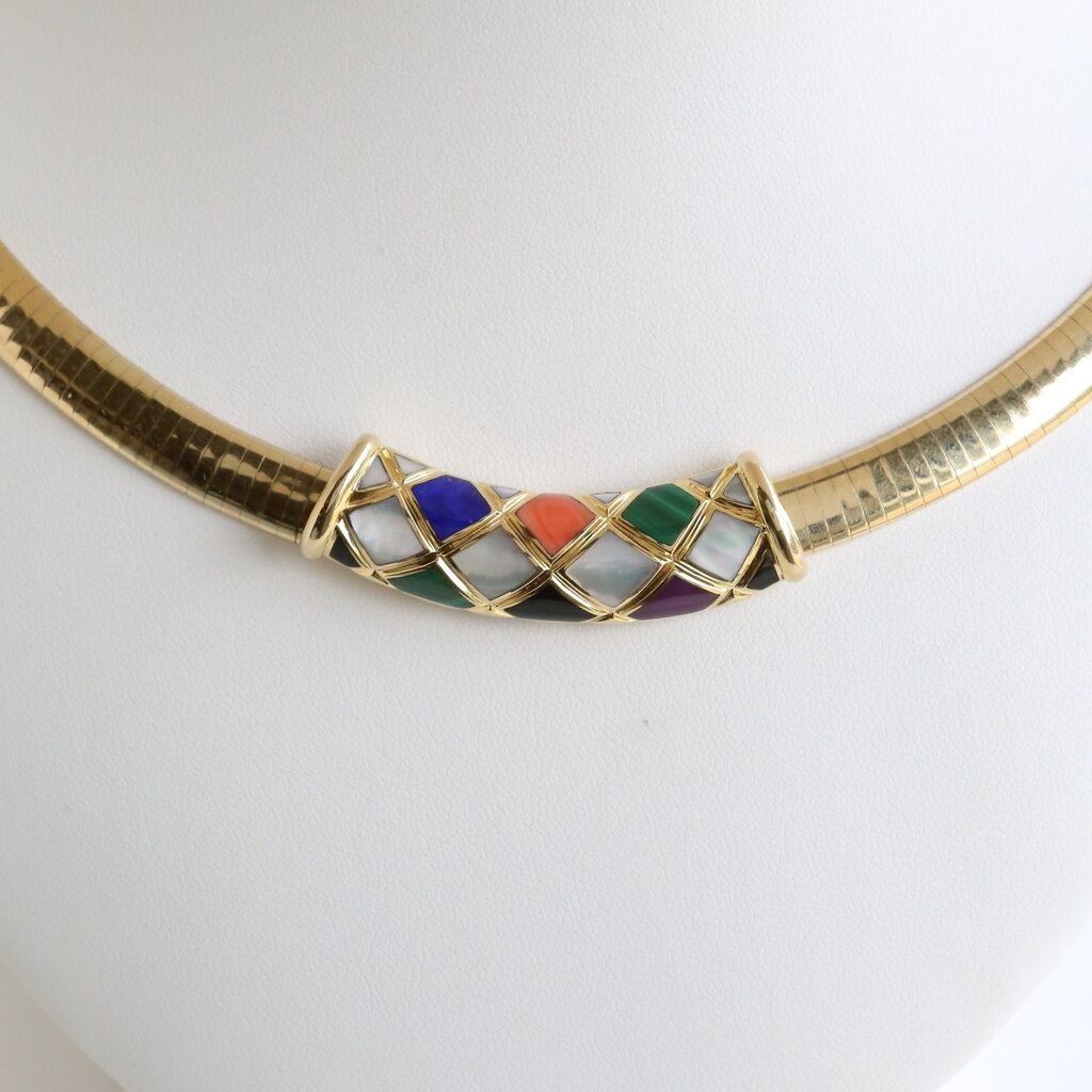 American Jewelry 14k Yellow Gold Moonstone, Lapis Lazuli, Coral, Jade Snacke Necklace (Removeable Broach)