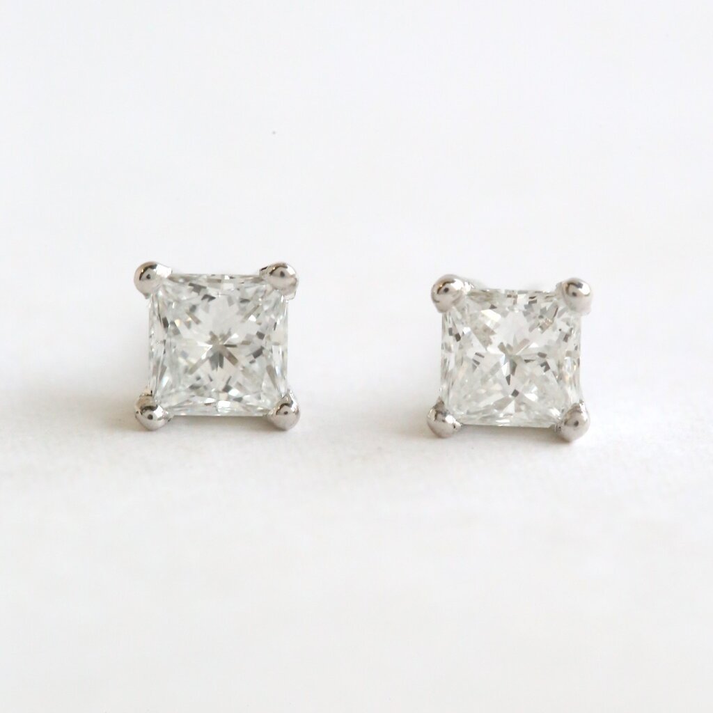 American Jewelry ESTATE 14k White Gold 1ctw Diamond Princess Cut Stud Earrings