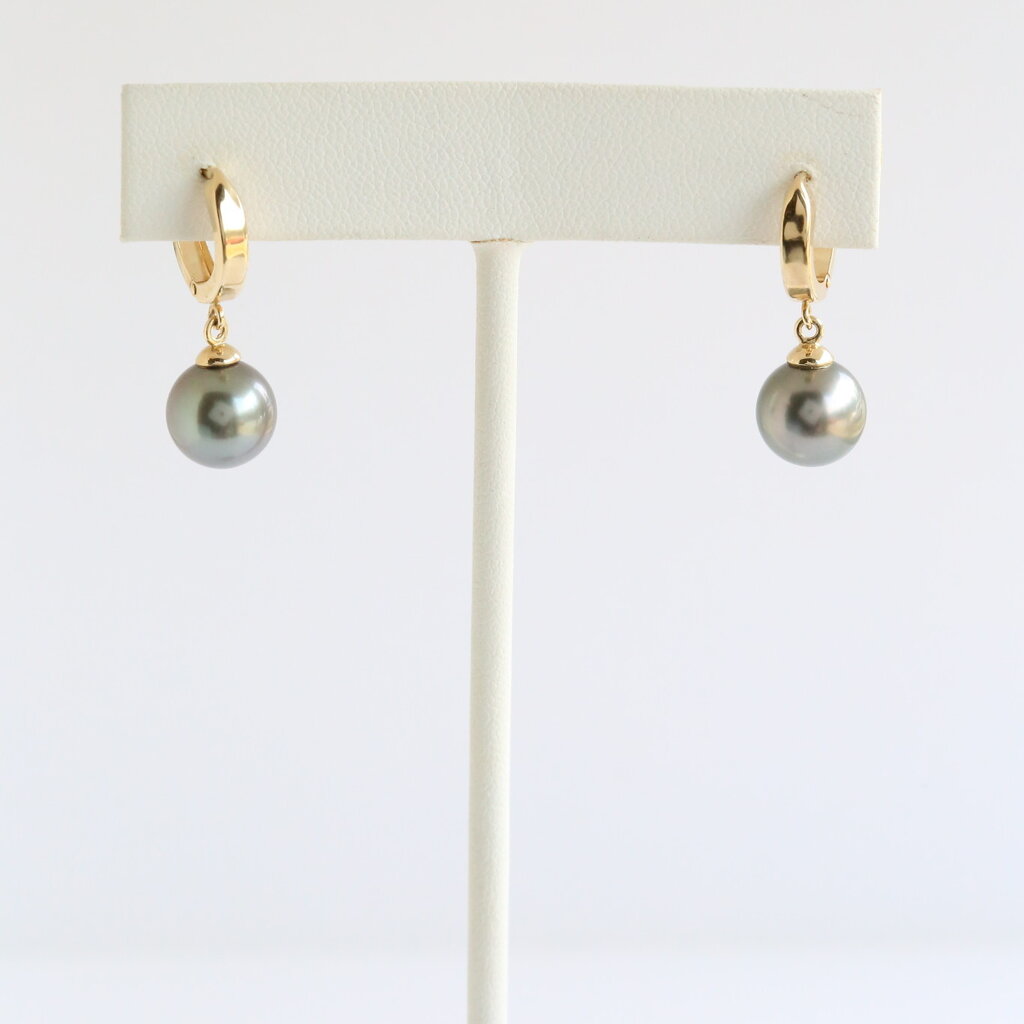 American Jewelry 14k Yellow Gold Tahitian Black Pearl Dangle Leverback Earrings