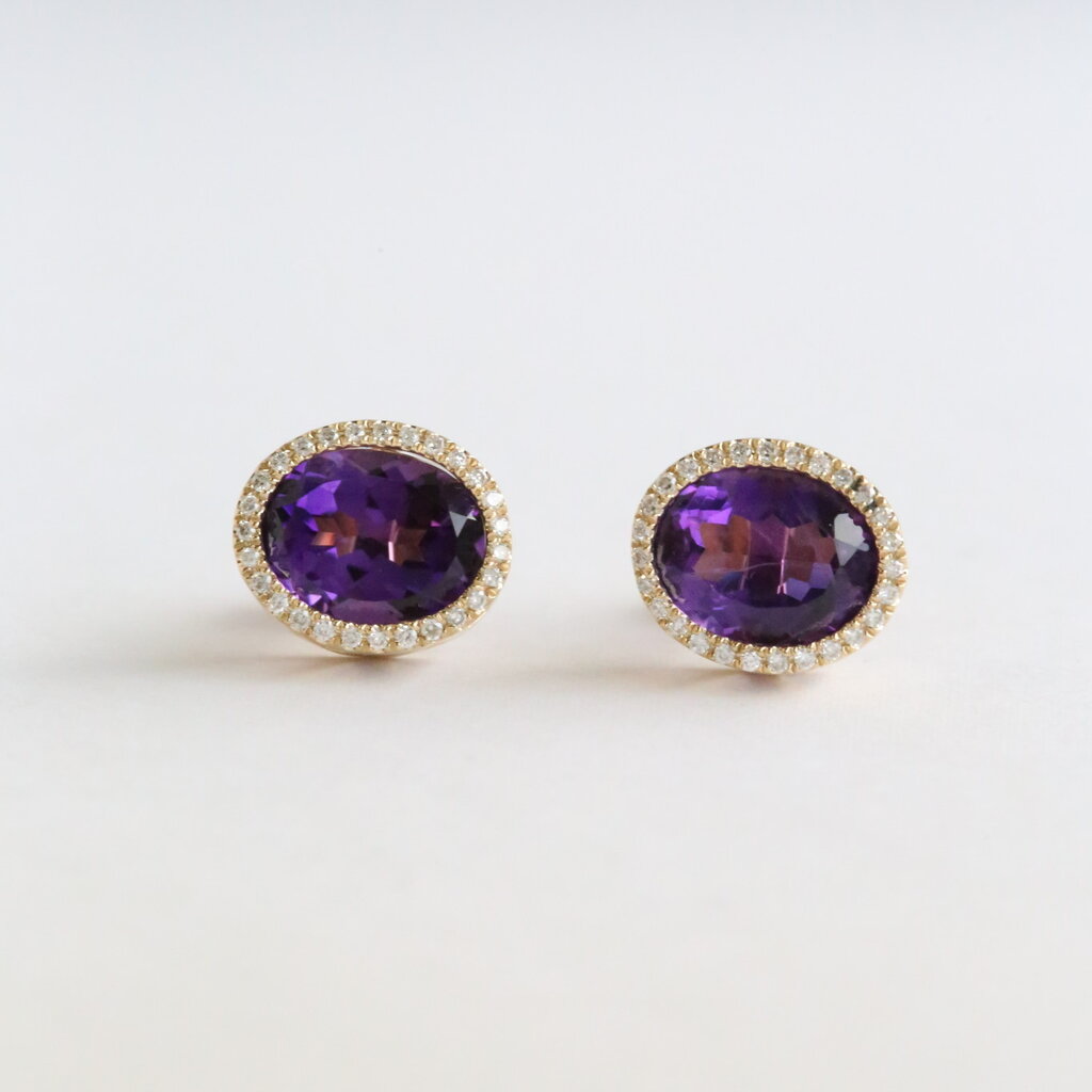 American Jewelry 14k Yellow Gold 5.15ctw Amethyst .25ctw Diamond Halo Stud Earrings