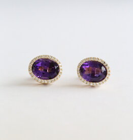 American Jewelry 14k Yellow Gold 5.15ctw Amethyst .25ctw Diamond Halo Stud Earrings