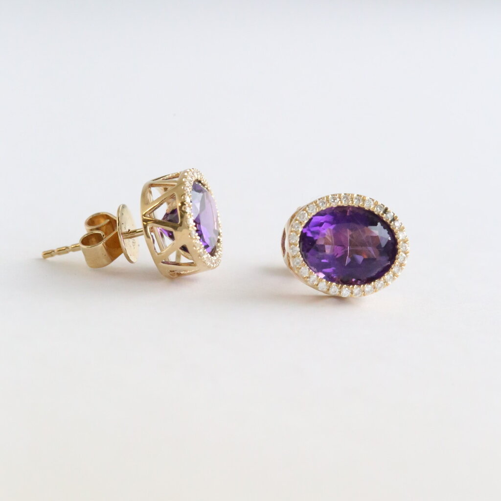 American Jewelry 14k Yellow Gold 5.15ctw Amethyst .25ctw Diamond Halo Stud Earrings