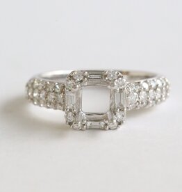 American Jewelry 14k White Gold Approx .50ctw Diamond Round & Baguette Cushion Halo Semi Mount Engagement Ring (Size 6.5)