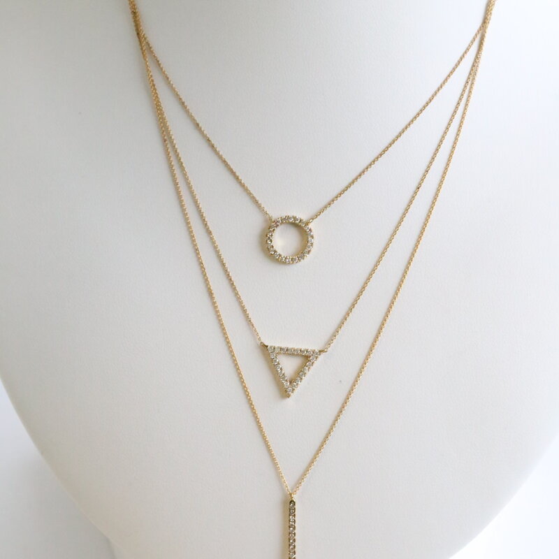 American Jewelry 14k Yellow Gold .48ctw Diamond Geometric Shape Triple Layer Necklace