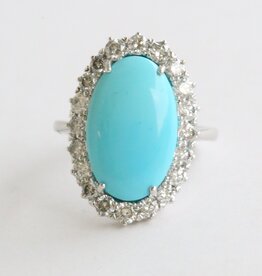 American Jewelry 14k White Gold 1.31ctw Diamond 6.69ct Turquoise Oval Halo Ring (Size 7)